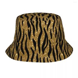 Berets Black And Gold Glitter Tiger Bucket Hat Summer Travel Headwear Fishing Fisherman Hats For Outdoor Sports Women Bob Foldable