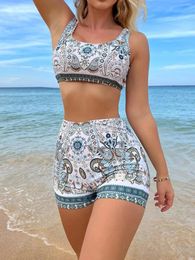 Women's Swimwear Vintage Vest Type Brazilian Women Push Up Bikini 2 Piece High Waist Bathing Suit Floral Swimsuit With Shorts Beach Wear