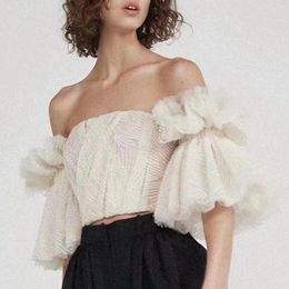 Women's Blouses Strapless Shirts Off Shoulder Embroidered Ruffles Trumpet Sleeves Sexy Cropped Tops Summer Fashion Tube Top Ladies