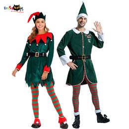 cosplay Eraspooky Deluxe Santa Claus Helper Cosplay Women Dress Green Christmas Elf Costume for Adult Xmas Workshop New Year Outfits Mencosplay