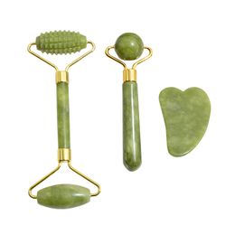 3PC Jade Roller and Gua Sha Set Natural Stone Jade Face Roller with Eye Massager Guasha Massage Scraping Facial Lifting Neck Full Body Beauty Skin Care Tools