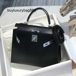 Women Box Leather Handbag Black Glossy Box Calfskin High End Hand Honey Wax Thread Order Women's Bag L