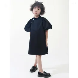 Girl Dresses 2023 Spring Summer Puff Sleeve Black Dress Baby Cute Love Button Children Cotton Clothes 2-12Y Wz71