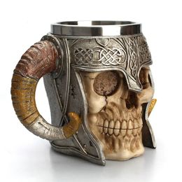 Mugs Stainless Steel Skull Mug Viking Drinking Cup Skeleton Resin Beer Stein Tankard Coffee Tea Halloween Gift Bar Drinkware 231023