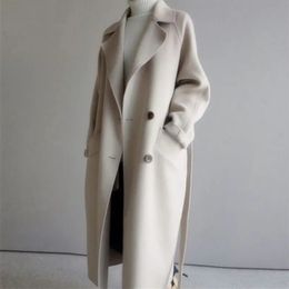 Women's Wool Blends Beige Woollen Jacket Women Autumn Winter Casual Lapel Long Coats Female Elegant Vintage Korean Fashion Loose Oversized Overcoat 231023