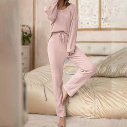 Women's Two Piece Pants Casual Solid Colour Knitted Set Autumn Winter Round Neck Long Sleeve Loose Comfort Home Wear Suit