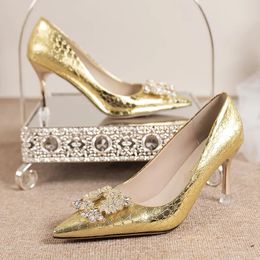Dress Shoes Luxury Crystal Square Buckle Gold Silver Pumps Women Slip On High Heels Wedding Shoes Woman Pointed Toe Party Shoes 231024