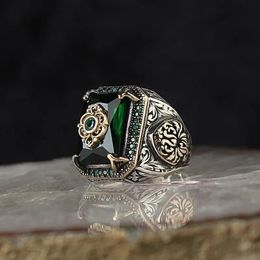 Band Rings Retro Handmade Turkish Signet Ring for Men Vintage Silver Colour Carving Pattern Inlay Green Zircon Party Punk Motor Biker Ring 231024