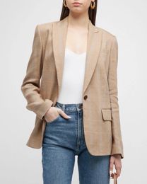 Women's Suits Blazers A*LC Women Blazer Spring/Autumn Coat Suit Jacket Light Brown Casual Elegant Classic Vintage Plaid Linen V-Neck Office Lady 231024