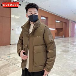 Men's Down Parkas Winter Men Down Jacket Stand Collar Solid Colour Wash Free Down Coats Fashion Warm Workwear Small Sheepskin Thickened Outerwear Q231024