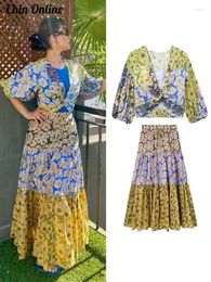 Work Dresses Fashion Printed Maxi Skirts Set Women V-Neck Chic Puff Sleeve Female Blouses Suits Pleated High Waist Long Beach Outfits