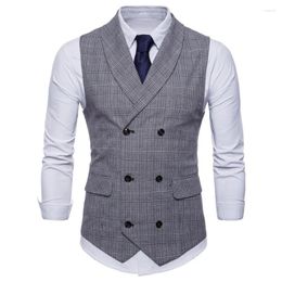 Men's Suits Light Grey Vest For Men Business Plaid Wasitcoat Double Breasted Formal Party Classic Style Autumn 2023