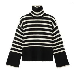 Women's Sweaters High Neck Black And White Striped Sweater For Loose Pullover Top Spring Autumn Warmth Mesh Red Lining