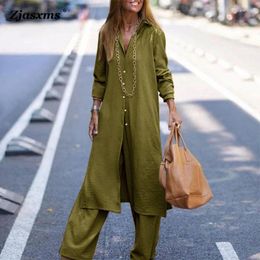 Women's Two Piece Pants Fashion Long Sleeve Outfits Elegant Women Lapel Slit Shirt Wide Leg Pant Suits Summer Solid Colour Single-Breasted 2