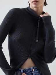 Women's Knits Versatile Ladies Black Long-Sleeved Silk Cashmere Sweater Double Zipper Turtleneck Slim Knit Cardigan Autumn Winter