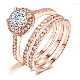 Cluster Rings Fashion Exquisite Rose Gold Color Three Pcs Crystal Finger Set For Women Filled Zircon Wedding Party Jewelry Ring 2023