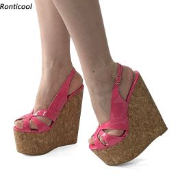 Ronticool Handmade Women Platform Sandals Cork Wedges High Heels Peep Toe Pretty Pink Cosplay Shoes Ladies US Plus Size 4-15