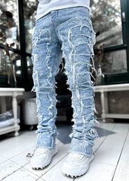 Stack Men's Purple Regular Fit Stacked Distressed Destroyed Pants Streetwear Clothes Stretch Patch Denim Straight Leg Jeans 987