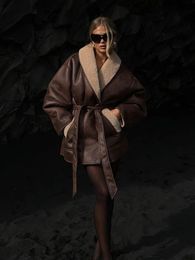 Women's Fur Faux Fur RR2797 Streetwear Oversized Fake Shearling Winter Jackets Women Long Thick Faux Teddy Fur Double Faced Fur Coat Women Belt Waist 231024