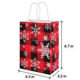 Christmas Decorations Party Goodie Bags Red Black Buffalo Plaid Snowflakes Kraft Paper Gift Treat With Handles For New Year Holiday Fa Amw3Y