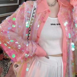 Women's Blouses Shiny Scale Sequins Loose Shirts Spring Beaded Gazue Spliced Long Lantern Sleeve Cardigan Mid Length Tops Blusas