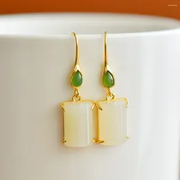 Dangle Earrings 2316-2# Sweet Lady Women Square HETIAN White Jade S925 Pure Silver Natural Nephrite Cheongsam Party