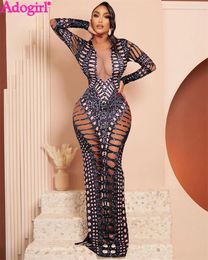 Casual Dresses Adogirl Hollow Out Diamonds Maxi Evening Gown Party Dress Women Sexy V Neck Long Sleeve Back Split Bodycon Robe Clubwear