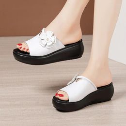 Slippers Big Size 32-43 Floral Medium Heels Wedges Summer Platform Shoes Women 2023 Casual Beach Thick Sole Slides For Mother