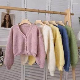 Women's Knits Women's Sweet V Neck Candy Color Coat Y2k Solid Cropped Cardigan Sueter Winter Clothes Women Pulls Femme Pink Sweater