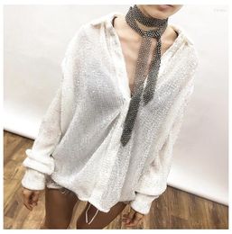 Women's Blouses Sequins Coat Jacket Female Long Sleeved Autumn Korean Edition Fashion Small Lapel Metal Buckle Loose Shirt