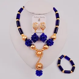 Necklace Earrings Set Fashion Nigeria Wedding Bride Jewellery Royal Blue Crystal Column African Banquet LS-48