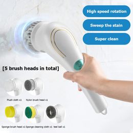 Sponges Scouring Pads 5-in-1Multifunctional Electric Cleaning Brush usb charging Bathroom Wash Brush Kitchen Cleaning Tool Dishwashing Brush Bathtub 231023