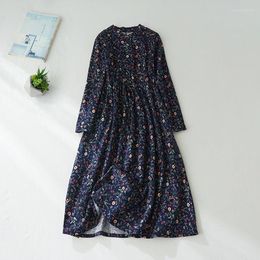 Casual Dresses Cotton Linen Floral Long-sleeved Dress Female Fall Korean Version Of The Retro Literary Loose Lacing Yankee Long Section Dre