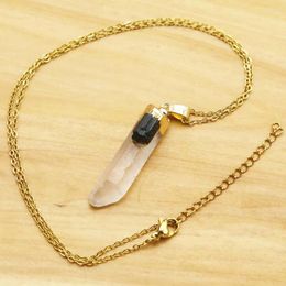 Pendant Necklaces Natural Raw Stone Irregular Black Tourmaline Necklace White Crystal Pillar Stainless Steel Chain Charms Jewellery Gift 1Pc