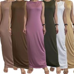 Ethnic Clothing Modest Ramadan Dresses Islam For Women Dubai Abaya Turkey Arabic Muslim Dress Robe Wear Sleeveless Vestidos Solid Colour