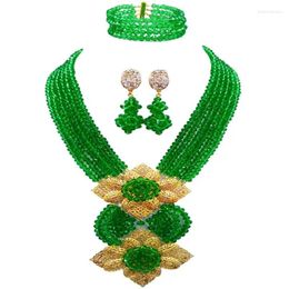 Necklace Earrings Set Green Crystal Women Choker Bracelet Nigerian Wedding African Beads Jewelry