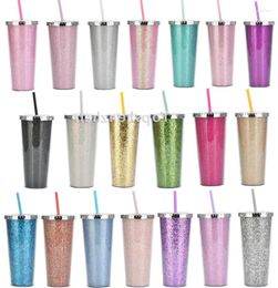 Tumblers Multicolored 24oz Glitter Sippy Cup Tumbler Double Wall Insulated Plastic Sport Bottle Mug With Straws Customizable DIY Gift