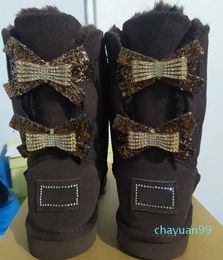 Single Double Diamond Snow Boots Female Winter leather bow rhinestone crown warm thick Cotton Shoes