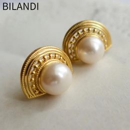 Stud Earrings Bilandi Fashion Jewelry 925 Silver Needle Half Round Simulated Pearl For Women Girl Ear Accessories Party Gift 2023