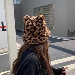 Berets Korean Women Warm Hats Autumn Winter Leopard Fur Bucket Hat Bear Ear Ball Plush Soft Warmer Thickened Protection Cap