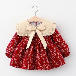 Girl Dresses Girl's Cute Cotton Dress Spring Autumn Baby's Floral Print Skin Friendly Plush Warm Elastic Cuffs Ruffle Edge Bow Collar Tops