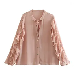Women's Blouses Summer Round Neck Long-sleeved Light Pink Bow Shirt Single-breasted Ruffles All-match Tops