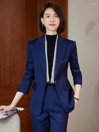 Women's Two Piece Pants Elegant Blazer Suit 2023 Autumn Blue Khaki Grey Plaid Fashion 2 Sets Formal Office Lady Work Wear Business Suits