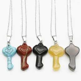 Pendant Necklaces Natural Stone Crystal Agate Love Heart Keychain Stainless Steel Chain Necklace Fashion Charms Jewelry Gift Wholesale 1Pc