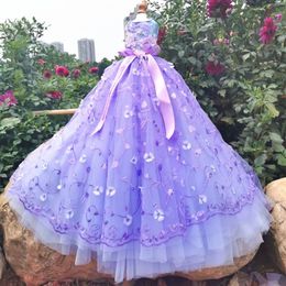 Dog Apparel Luxury Handmade Embroidered Flower Purple Long Tail Princess Dress For Small Medium Dog Pet Dog Clothes Bow Lace Skirts Dog 231024