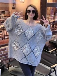 Womens Sweaters BULOCHOVA Lazy Wind Oversize Jumper Retro Sequin Knitted Sweater For Women Fall And Winter French Loose Knitwear Tops 2023