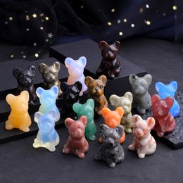 Bulldog Statue Natural Stone Crystal Carved Healing Animal Dog Figurine Reiki Gemstone Crafts Home Desktop Decoration Gifts