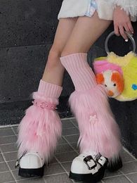 Women Socks 3 Pieces Sets Faux Fur Boot Covers Goth Japanese Punk Jk Knee-length Hiphop Y2K Cute Fashion Warm