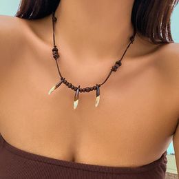 Pendant Necklaces IngeSight.Z Vintage Resin Wolf Tooth Teeth Necklace Women Wen Surfer Wood Beads Wax Thread Adjustable Choker