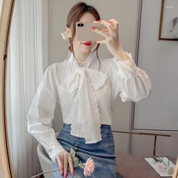 Women's Blouses Women Elegant Cotton White Shirts Sweet Bow Tie Collar Lace Patchwork Fashion Long Sleeve Office Ladies Korean Shirt